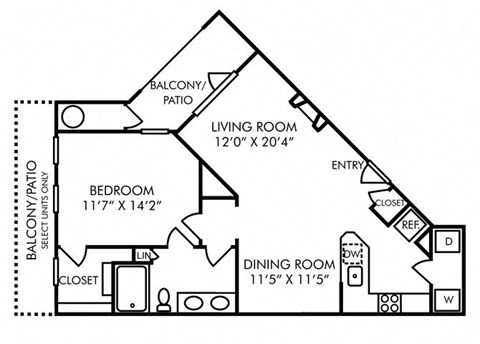 Floor plan for 1 bed, 1 bath, 844 sqft